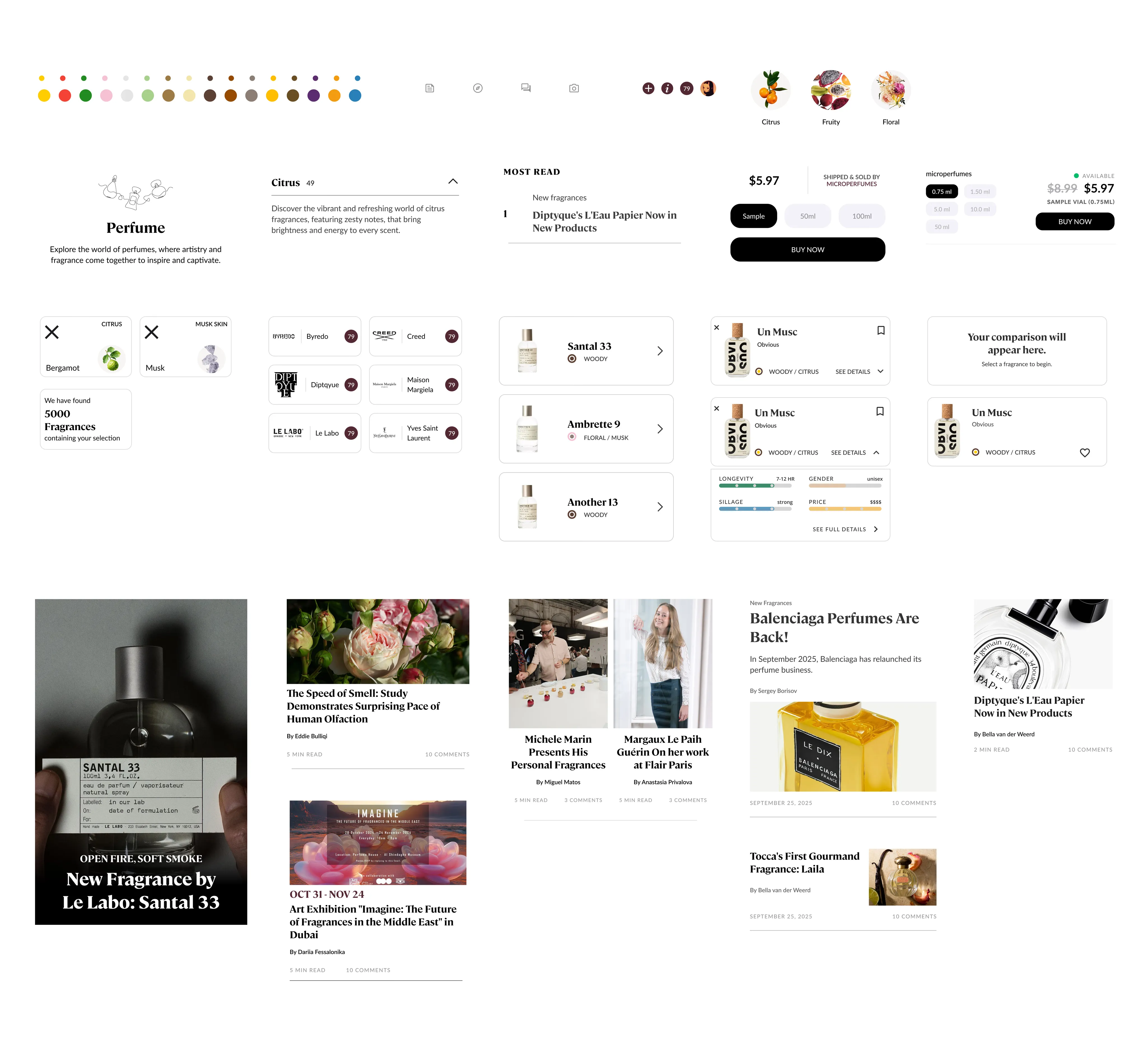 A design system overview showing color, iconography, category chips, product cards, comparison modules, and editorial layouts.
